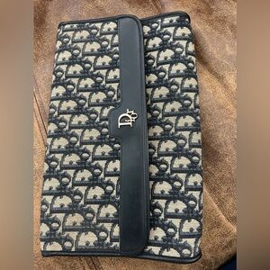 Dior Vintage Trotter Clutch Purse/ Chains Navy Jacquard Canvas Navy Leather Trim